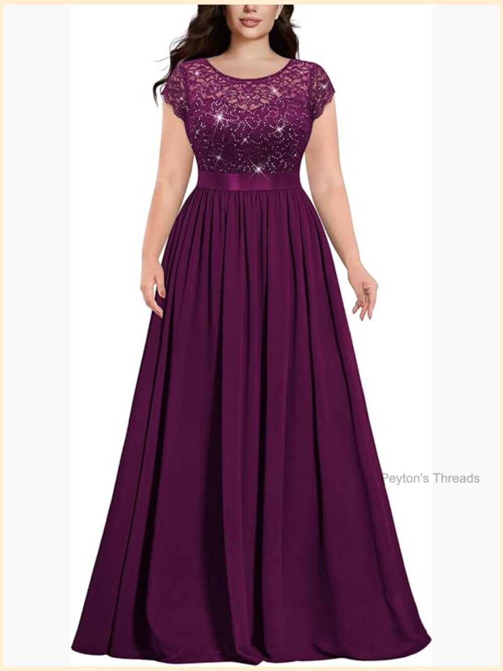 Plus Size Sequin Lace Formal Flowy Maxi Dress with Cap Sleeves